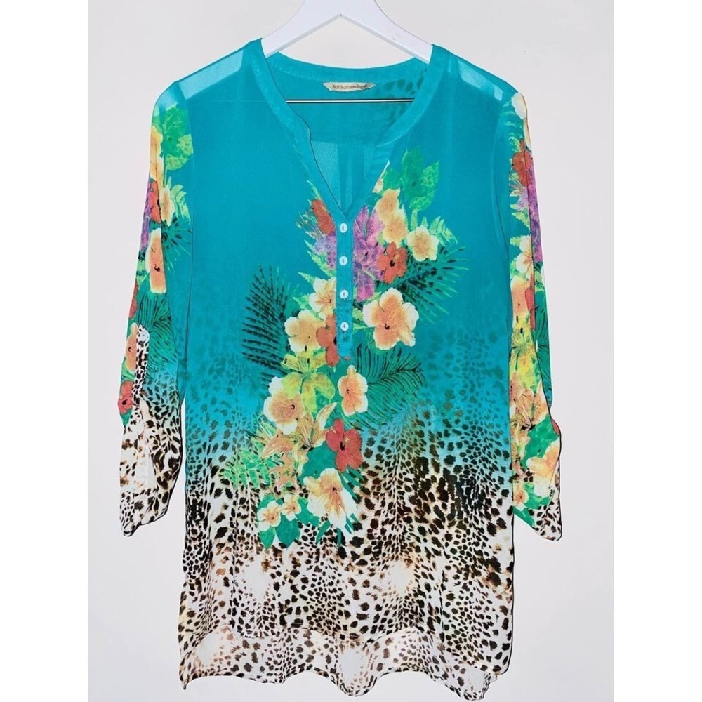 P1 Soft Surroundings tunic blouse shirt top Women's Medium Leopard Teal flower